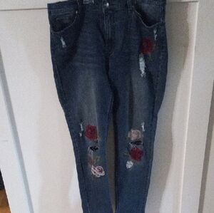 DG2 by Diane Gilman Blue Jeans with Red Floral Design